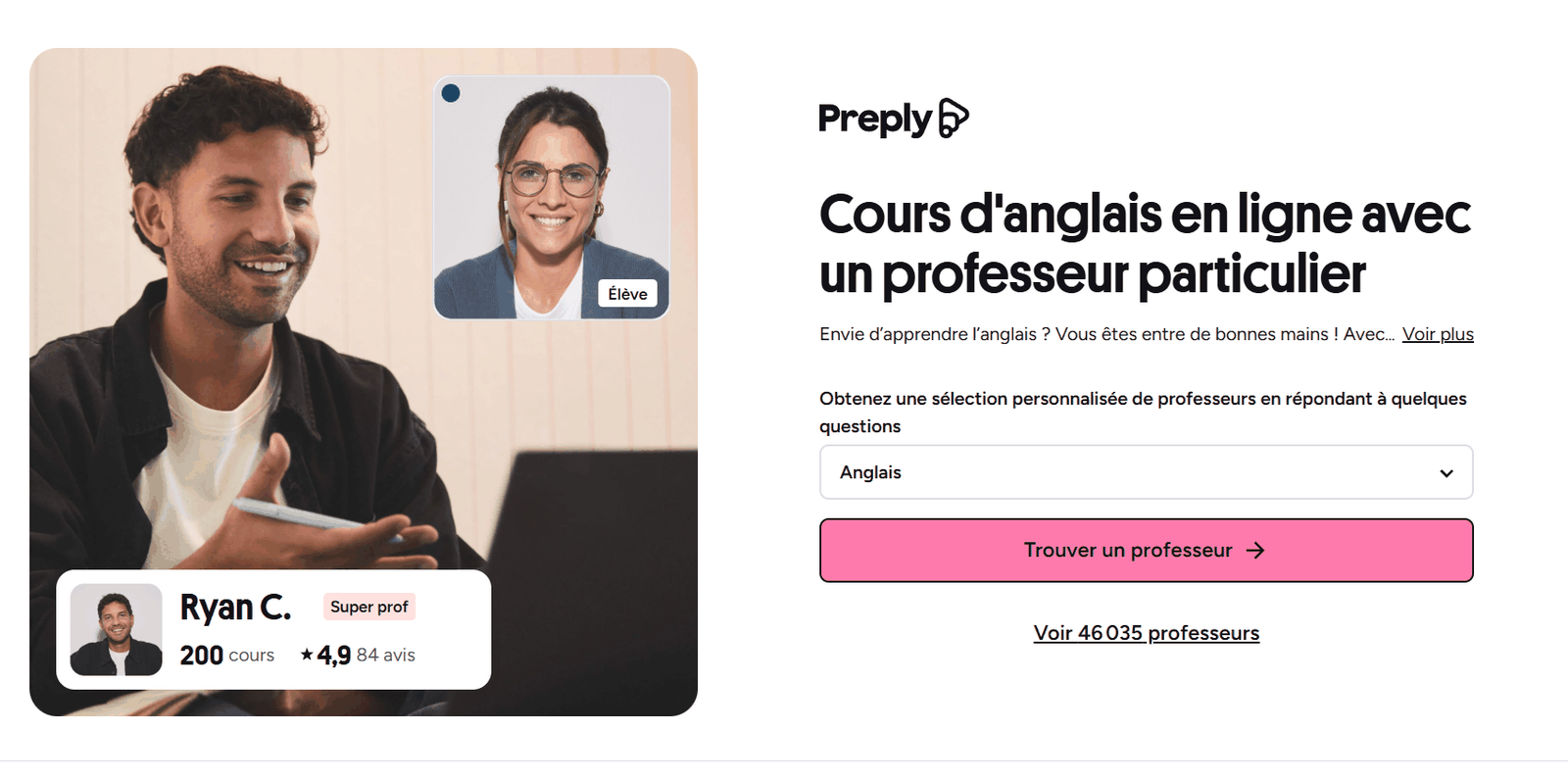 En-tête de la page Preply des cours d'anglais en ligne avec le bouton Trouver un professeur et la mention Voir 46 035 professeurs
