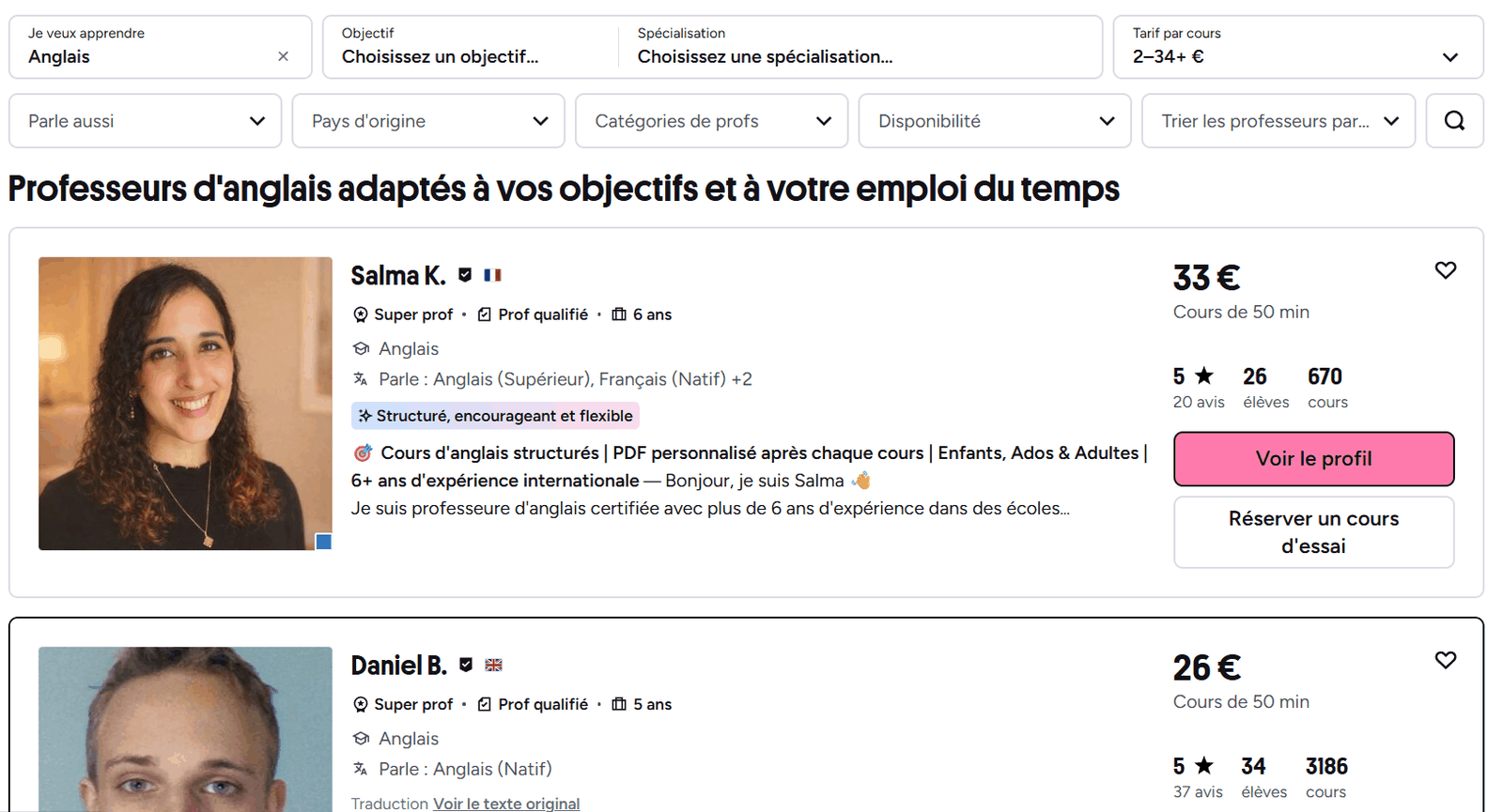Liste de profs d'anglais sur Preply avec la barre de filtres et deux cartes de profs à 33 € et 26 € le cours de 50 minutes