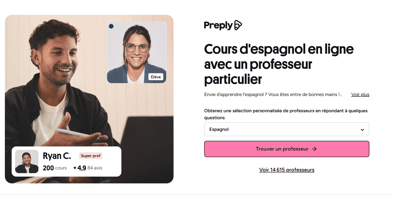 En-tête de la page Preply des cours d'espagnol en ligne avec la mention Voir 14 615 professeurs